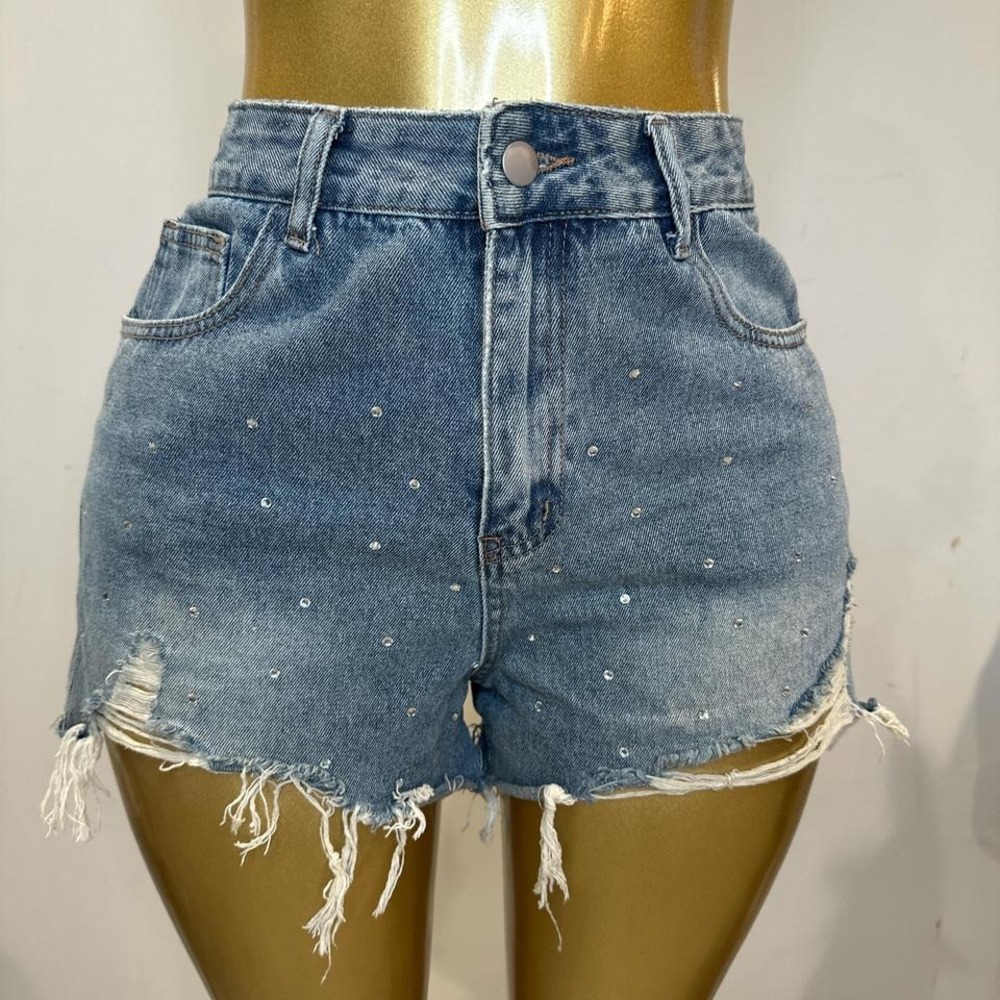 Distressed denim jean shorts with rhinestones 28" Medium